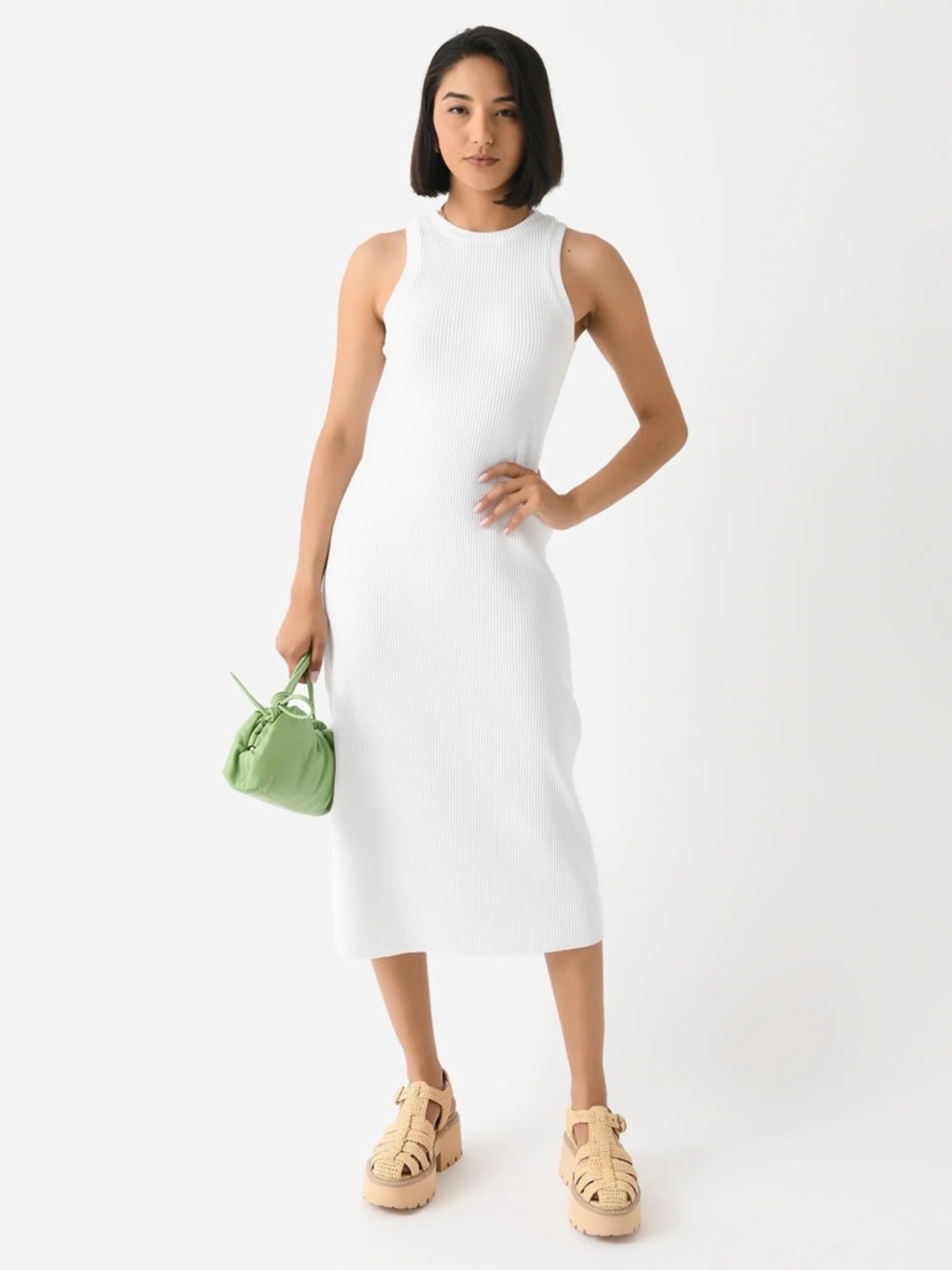 VINCE White Ribbed High Neck Tank Midi Dress